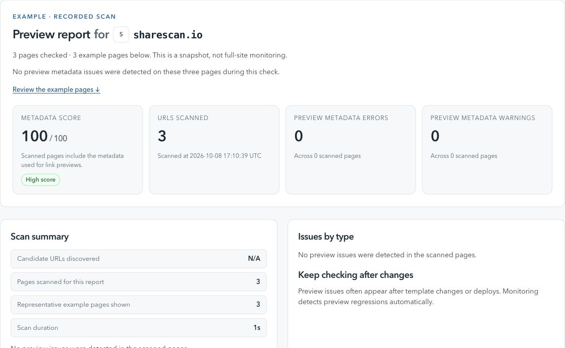 A ShareScan report showing a metadata score, checked pages and findings from a scan of sharescan.io.